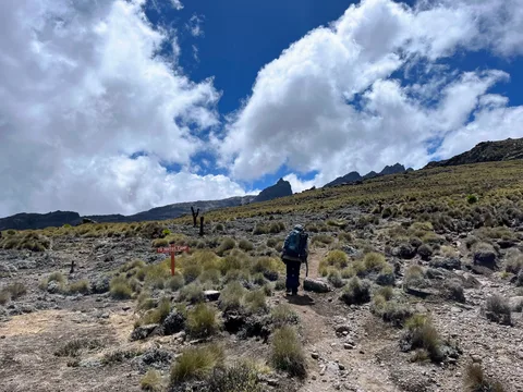 Trekkers ascending a rocky trail on Mount Kenya